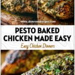 Golden oven baked chicken breasts topped with pesto and herbs on a rustic baking tray